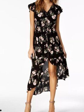 American Rag Black High-Low Maxi Dress with Pink Floral Print